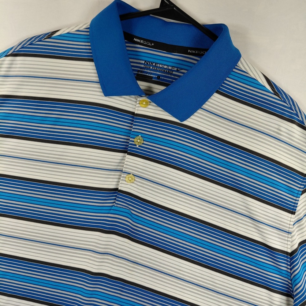 Nike Golf Tour Performance Dri-Fit Mens Large Blue Striped Short Sleeve Polo